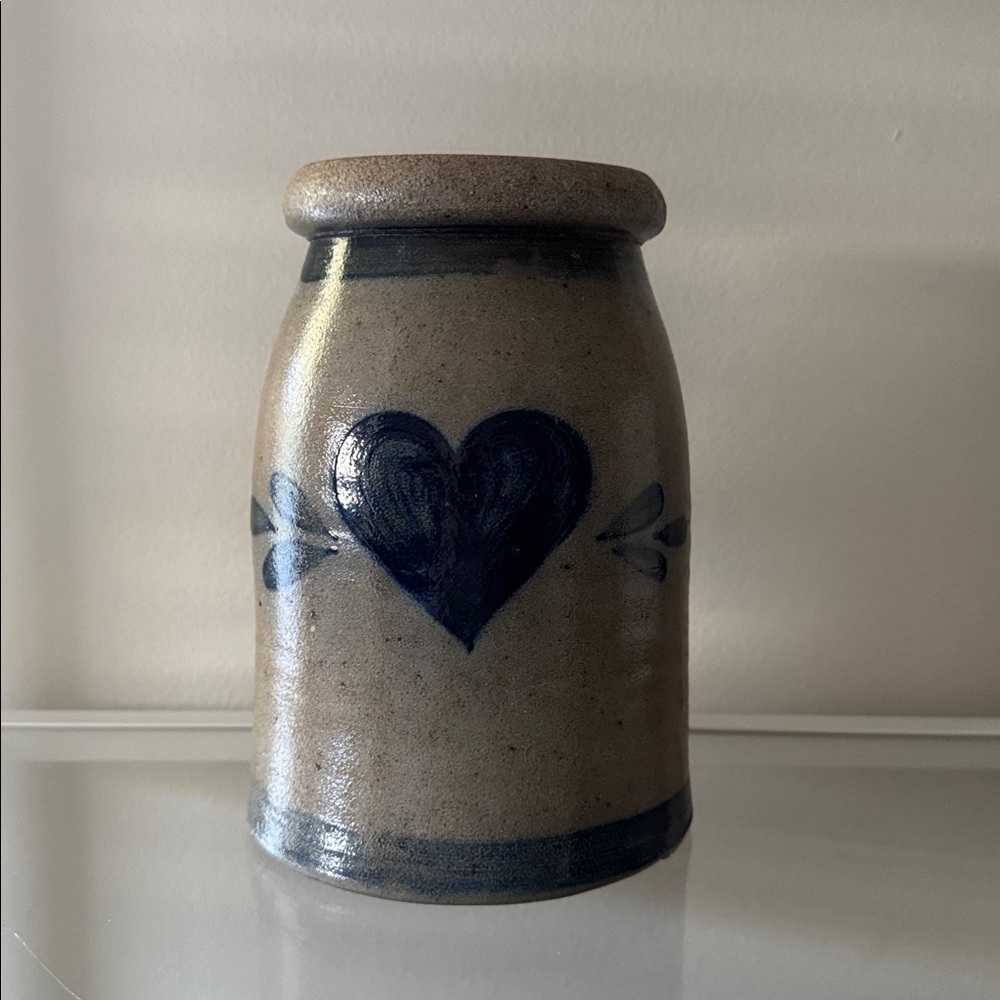 Rowe Pottery Works Salt Glaze Blue Heart Crock Vase Cambridge WI 1987